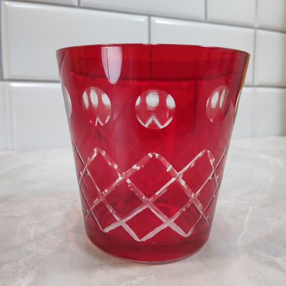 Vtg Czech Style Ruby Red Diamond Cut Glass 3" Bar Cocktail Tumbler Rocks Glass - Picture 3 of 10